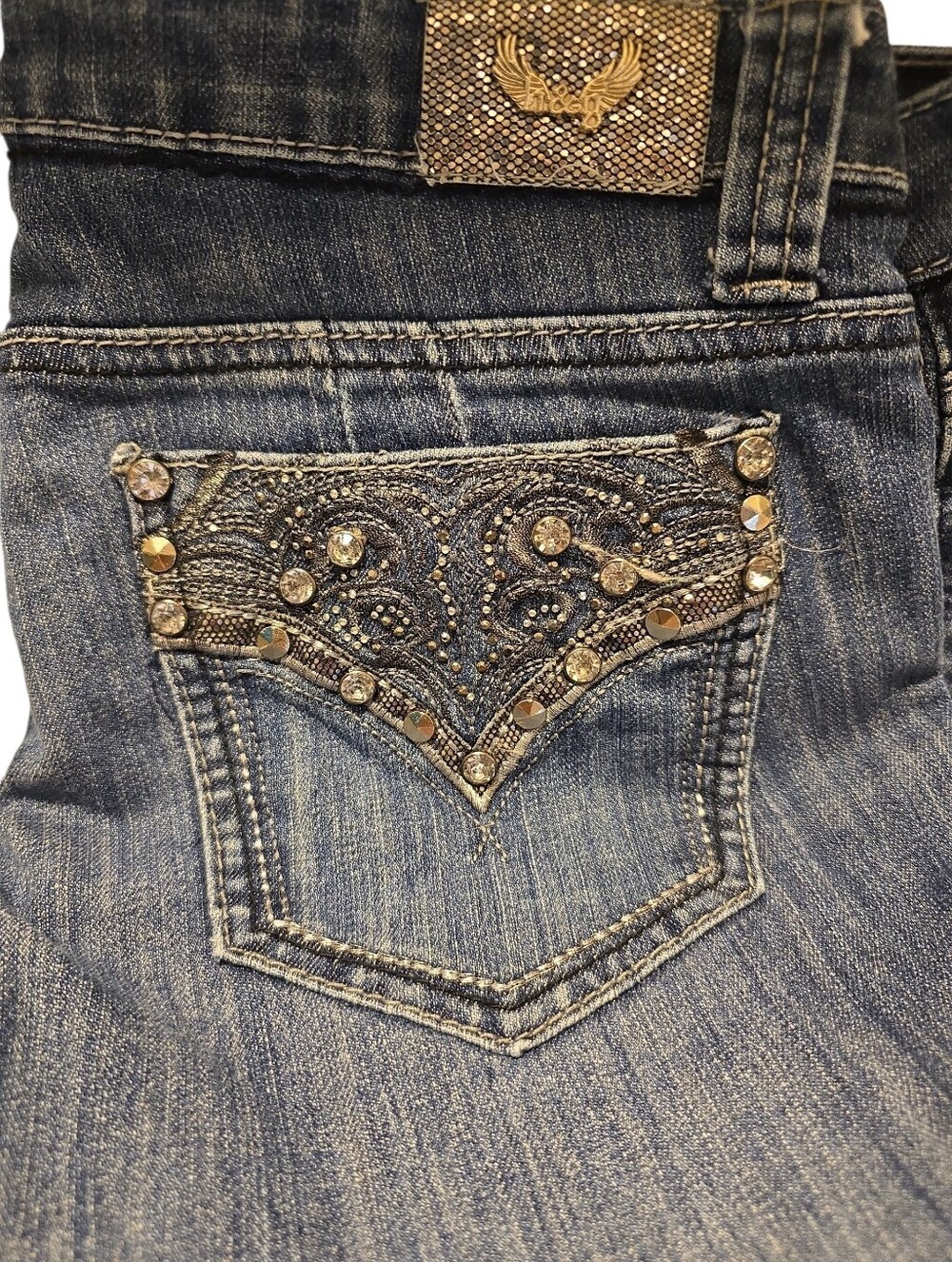 H and G Los Angeles Y2K Rhinestone Studded Blue Straight-Leg Jeans 13 - Picture 3 of 5